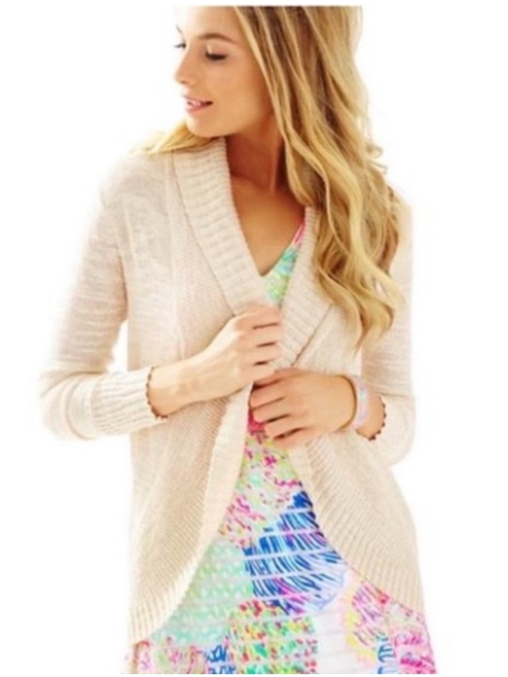 LILLY PULITZER BROOKSIDE CARDIGAN CREAM SAND DUNE SHAWL COLLAR SWEATER XS